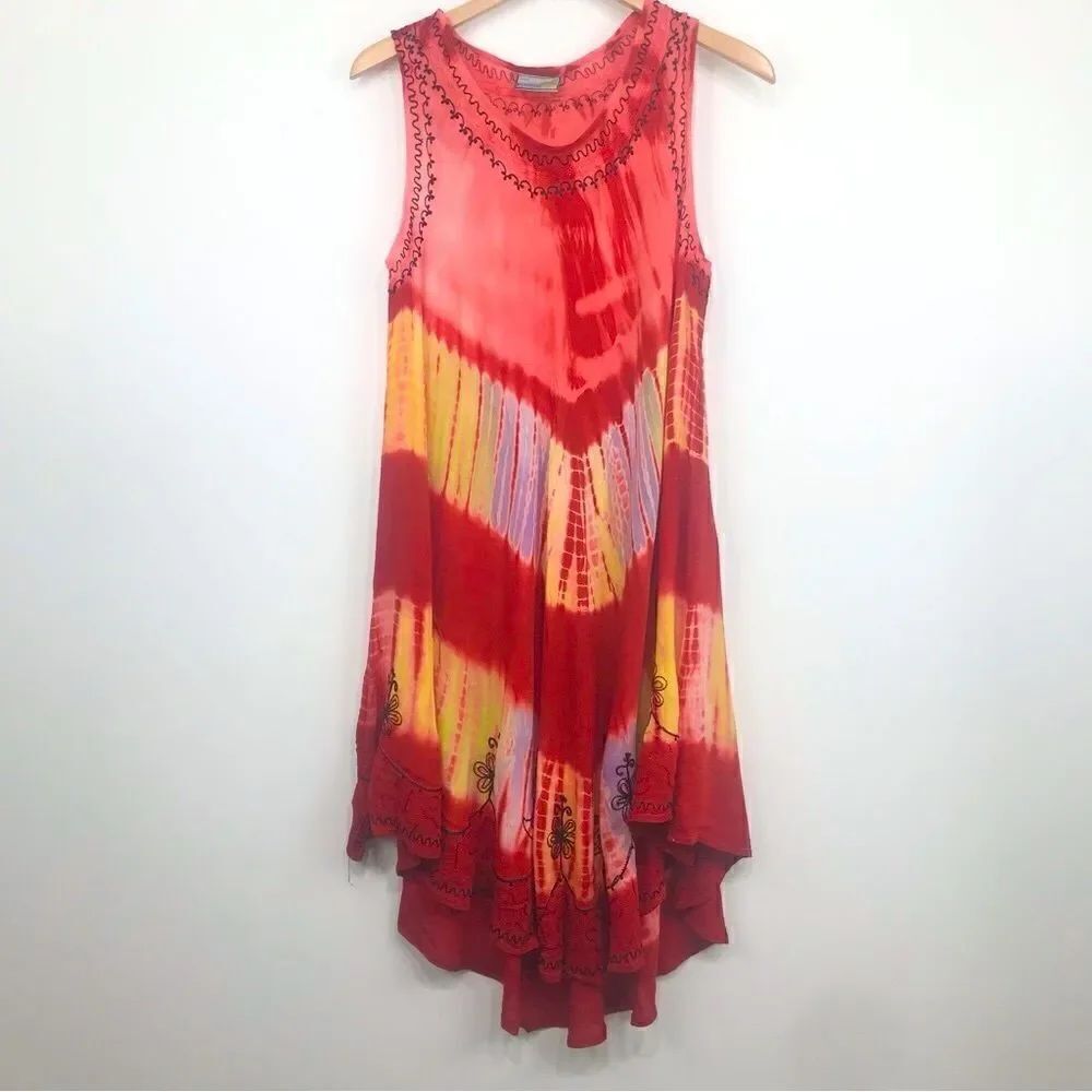 India Boutique Orange Tie Dye Boho Beach Festival sleeveless Dress